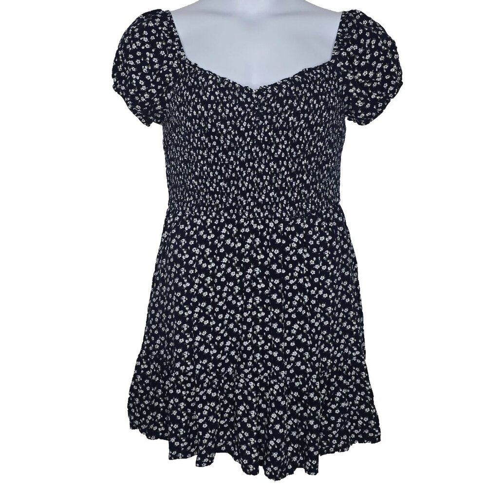 Hollister Mini Dress XL Blue Floral Smocked Bodice Cap Sleeve Sweetheart Viscose